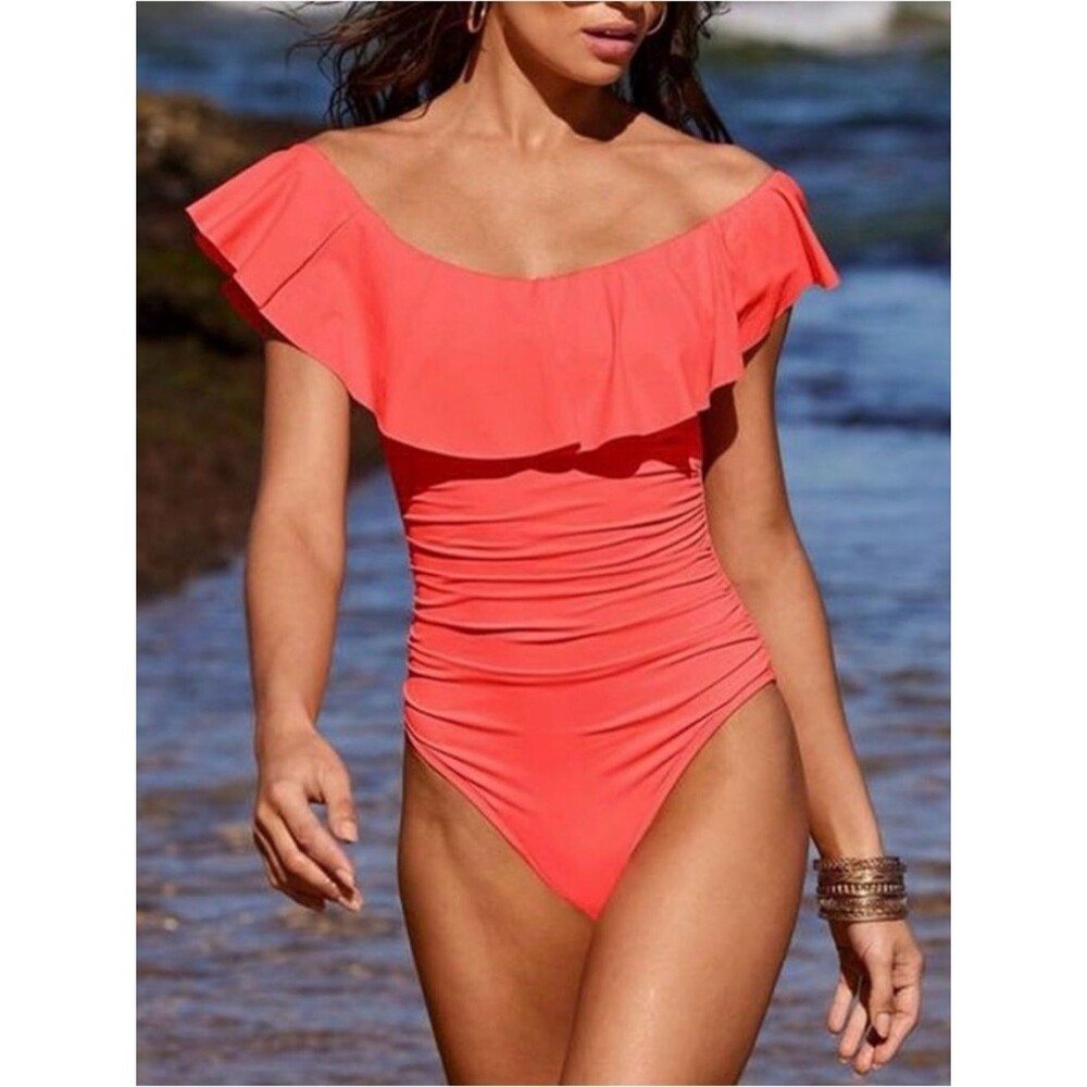 La Blanca Island Goddess Ruffle One Piece Swimsuit Bird of Paradise Coral Sz 10